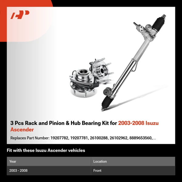 3 Pcs Rack and Pinion & Hub Bearing Kit for 2003-2008 Isuzu Ascender