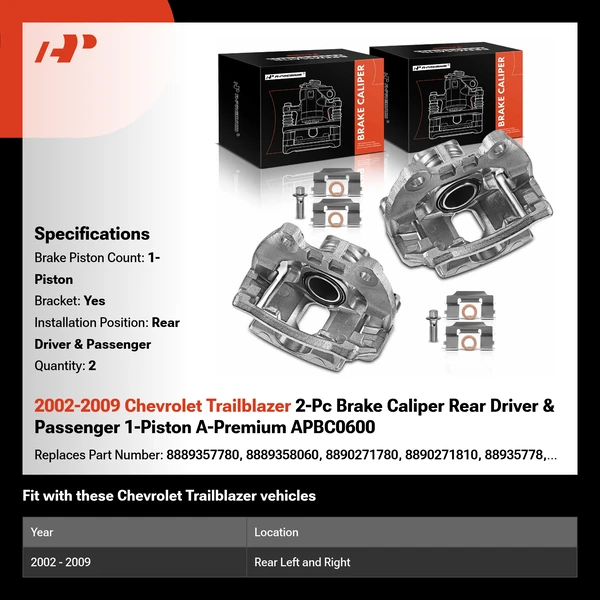 2002-2009 Chevrolet Trailblazer 2-Pc Brake Caliper Rear Driver & Passenger 1-Piston A-Premium APBC0600