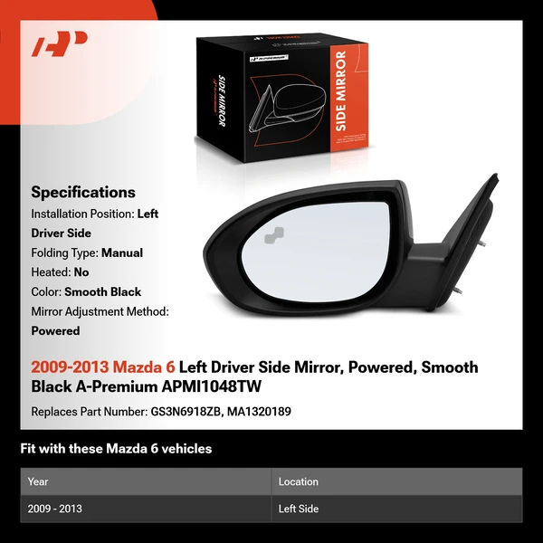 2009-2013 Mazda 6 Left Driver Side Mirror, Power Adjustment, Manual Folding, Smooth Black A-Premium APMI1048TW