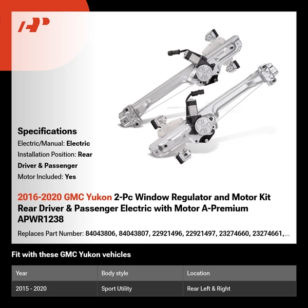 2016-2020 GMC Yukon 2-Pc Window Regulator and Motor Kit Rear Driver & Passenger Electric with Motor A-Premium APWR1238