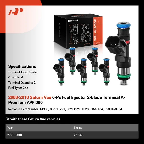 2008-2010 Saturn Vue 6-Pc Fuel Injector 2-Blade Terminal A-Premium APFI080