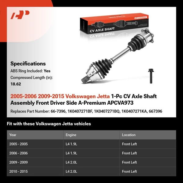 2005-2006 2009-2015 Volkswagen Jetta 1-Pc CV Axle Shaft Assembly Front Driver Side A-Premium APCVA973