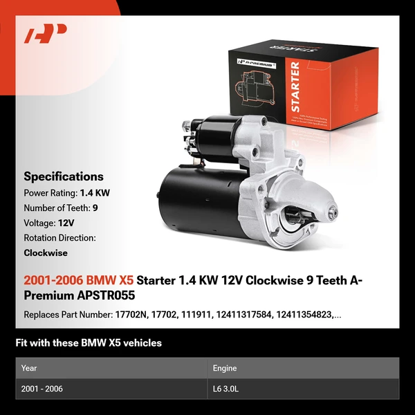 2001-2006 BMW X5 Starter 1.4 KW 12V Clockwise 9 Teeth A-Premium APSTR055