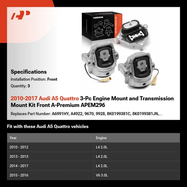 2010-2017 Audi A5 Quattro 3-Pc Engine Mount and Transmission Mount Kit Front A-Premium APEM296