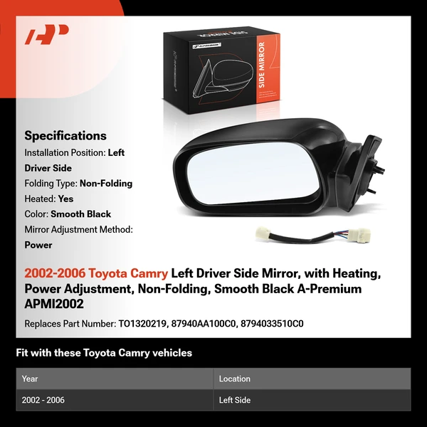 2002-2006 Toyota Camry Left Driver Side Mirror, with Heating, Power Adjustment, Non-Folding, Smooth Black A-Premium APMI2002