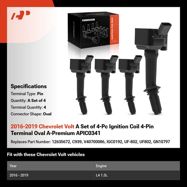 2016-2019 Chevrolet Volt A Set of 4-Pc Ignition Coil 4-Pin Terminal Oval A-Premium APIC0341