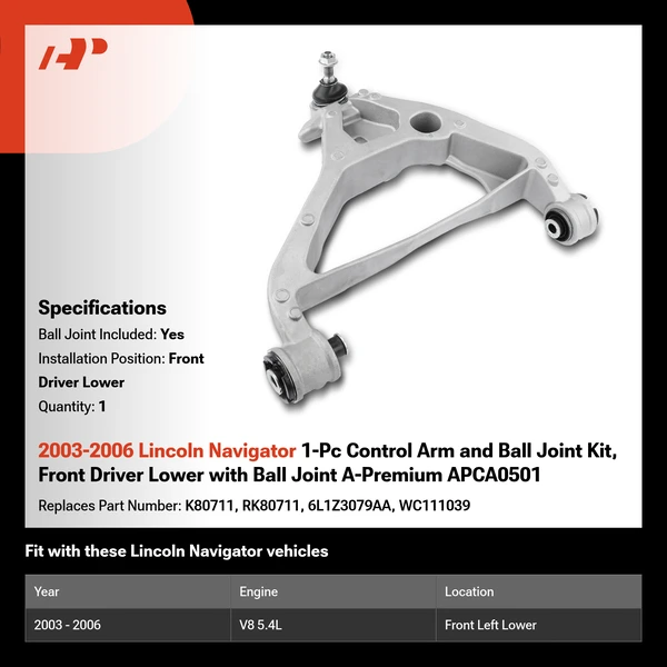 2003-2006 Lincoln Navigator 1-Pc Control Arm and Ball Joint Kit, Front Driver Lower with Ball Joint A-Premium APCA0501