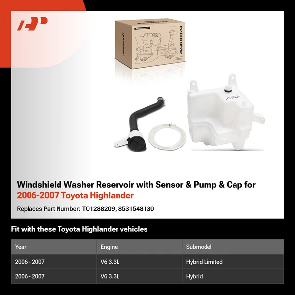 Windshield Washer Reservoir with Sensor & Pump & Cap for 2006-2007 Toyota Highlander