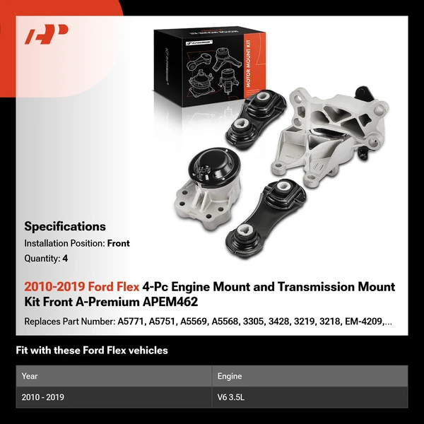 2010-2019 Ford Flex 4-Pc Engine Mount and Transmission Mount Kit Front A-Premium APEM462