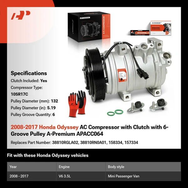 2008-2017 Honda Odyssey AC Compressor with Clutch with 6-Groove Pulley A-Premium APACC064