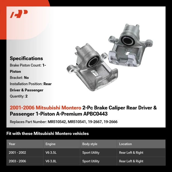 2001-2006 Mitsubishi Montero 2-Pc Brake Caliper Rear Driver & Passenger 1-Piston A-Premium APBC0443