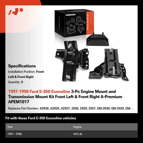 1997-1998 Ford E-350 Econoline 3-Pc Engine Mount and Transmission Mount Kit Front Left & Front Right A-Premium APEM1017