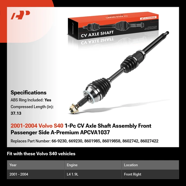 2001-2004 Volvo S40 1-Pc CV Axle Shaft Assembly Front Passenger Side A-Premium APCVA1037