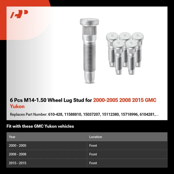 6 Pcs M14-1.50 Wheel Lug Stud for 2000-2005 2008 2015 GMC Yukon