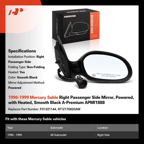1996-1999 Mercury Sable Right Passenger Side Mirror, Powered, with Heated, Smooth Black A-Premium APMI1888