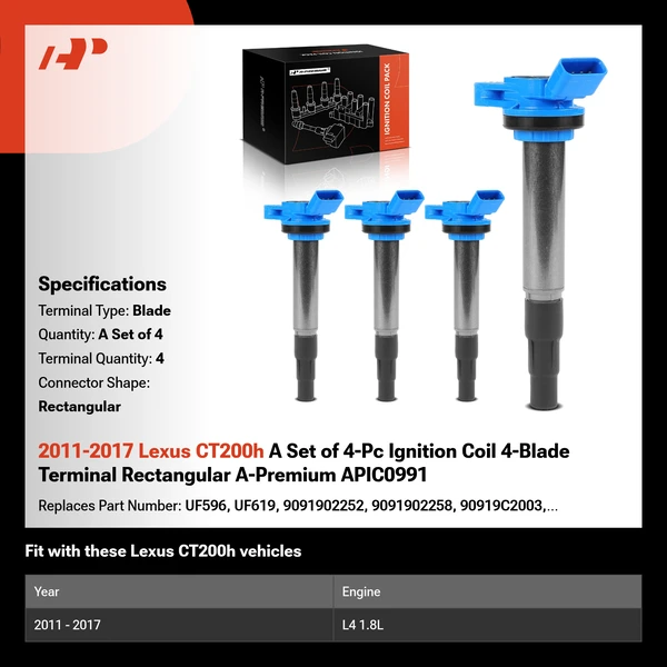 2011-2017 Lexus CT200h A Set of 4-Pc Ignition Coil 4-Blade Terminal Rectangular A-Premium APIC0991