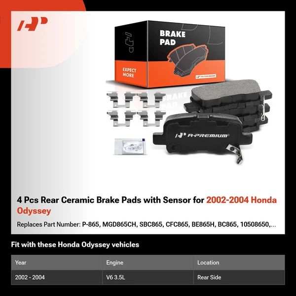 4 Pcs Rear Ceramic Brake Pads with Sensor for 2002-2004 Honda Odyssey