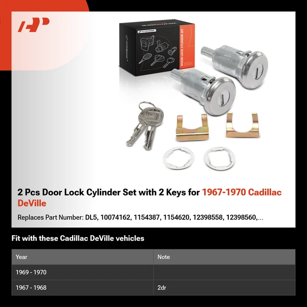 2 Pcs Door Lock Cylinder Set with 2 Keys for 1967-1970 Cadillac DeVille