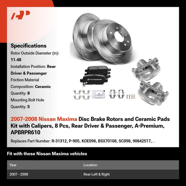 2007-2008 Nissan Maxima Disc Brake Rotors and Ceramic Pads Kit with Calipers, 8 Pcs, Rear Driver & Passenger, A-Premium, APBRPR610