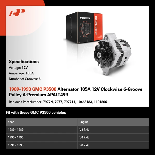 1989-1993 GMC P3500 Alternator 105A 12V Clockwise 6-Groove Pulley A-Premium APALT499