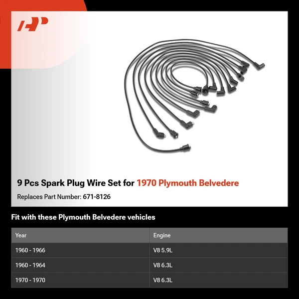 9 Pcs Spark Plug Wire Set for 1970 Plymouth Belvedere