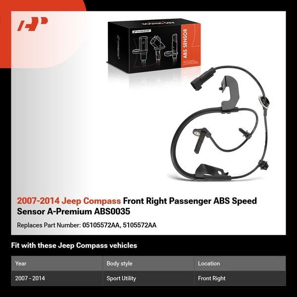 2007-2014 Jeep Compass Front Right Passenger ABS Speed Sensor A-Premium ABS0035