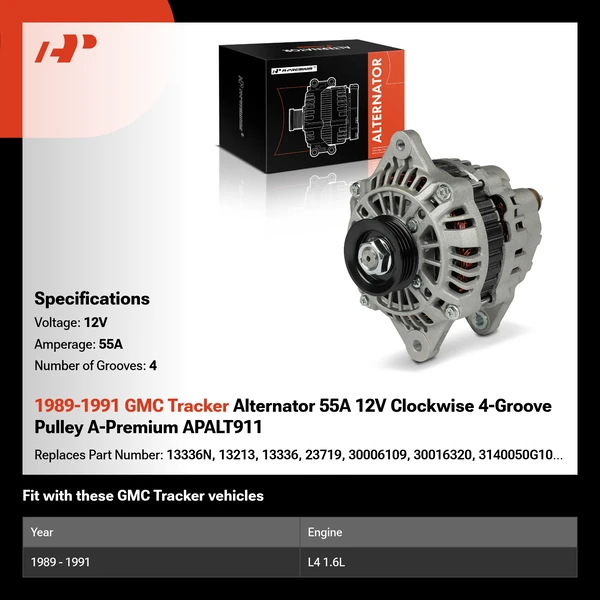 1989-1991 GMC Tracker Alternator 55A 12V Clockwise 4-Groove Pulley A-Premium APALT911