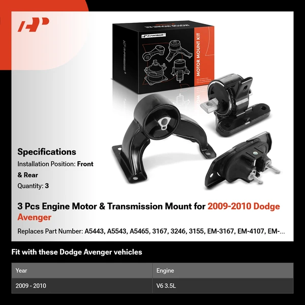 3 Pcs Engine Motor & Transmission Mount for 2009-2010 Dodge Avenger