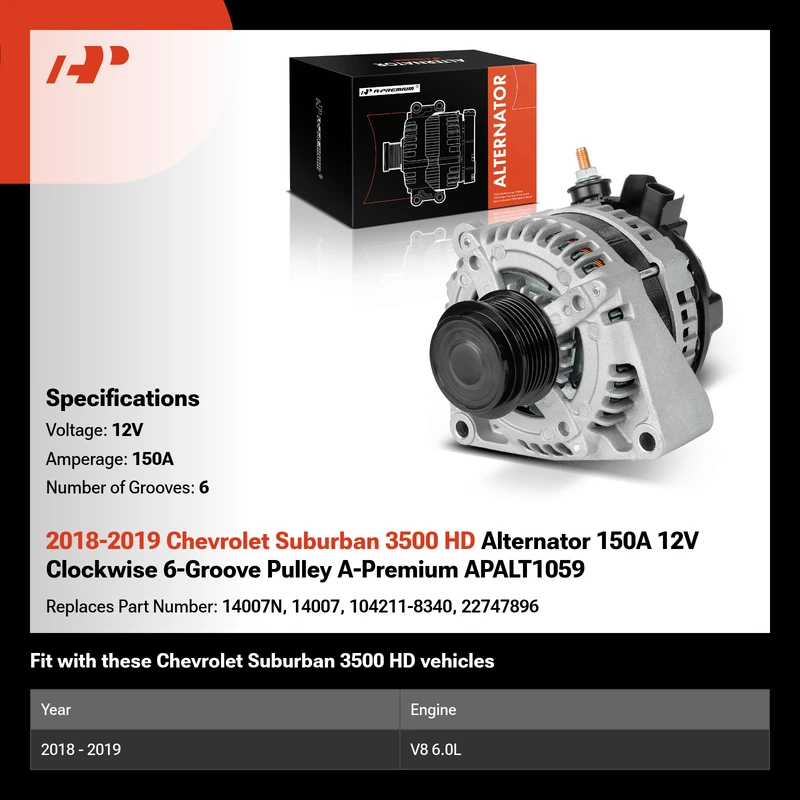 2018-2019 Chevrolet Suburban 3500 HD Alternator 150A 12V Clockwise 6-Groove Pulley A-Premium APALT1059