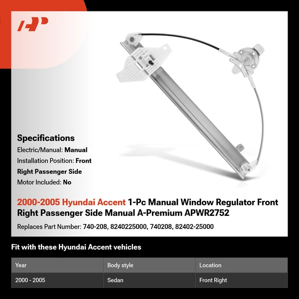 2000-2005 Hyundai Accent 1-Pc Manual Window Regulator Front Right Passenger Side Manual A-Premium APWR2752