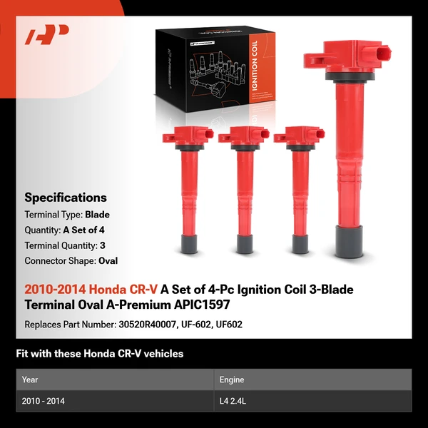 2010-2014 Honda CR-V A Set of 4-Pc Ignition Coil 3-Blade Terminal Oval A-Premium APIC1597