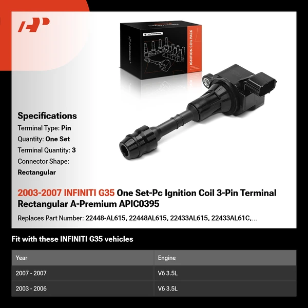2003-2007 INFINITI G35 One Set-Pc Ignition Coil 3-Pin Terminal Rectangular A-Premium APIC0395