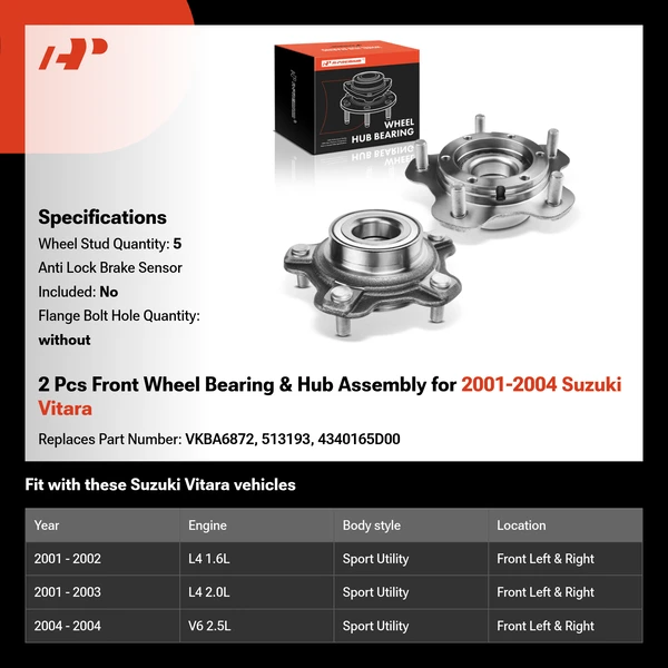 2 Pcs Front Wheel Bearing & Hub Assembly for 2001-2004 Suzuki Vitara