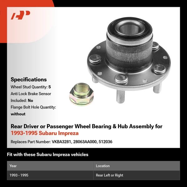 Rear Driver or Passenger Wheel Bearing & Hub Assembly for 1993-1995 Subaru Impreza