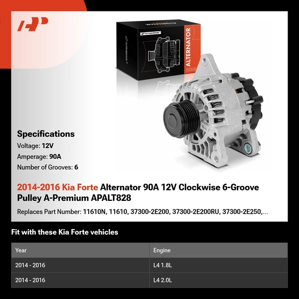 2014-2016 Kia Forte Alternator 90A 12V Clockwise 6-Groove Pulley A-Premium APALT828