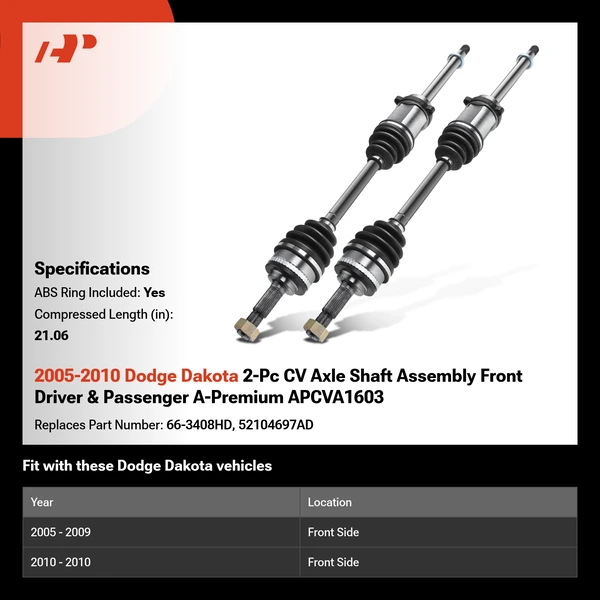 2005-2010 Dodge Dakota 2-Pc CV Axle Shaft Assembly Front Driver & Passenger A-Premium APCVA1603