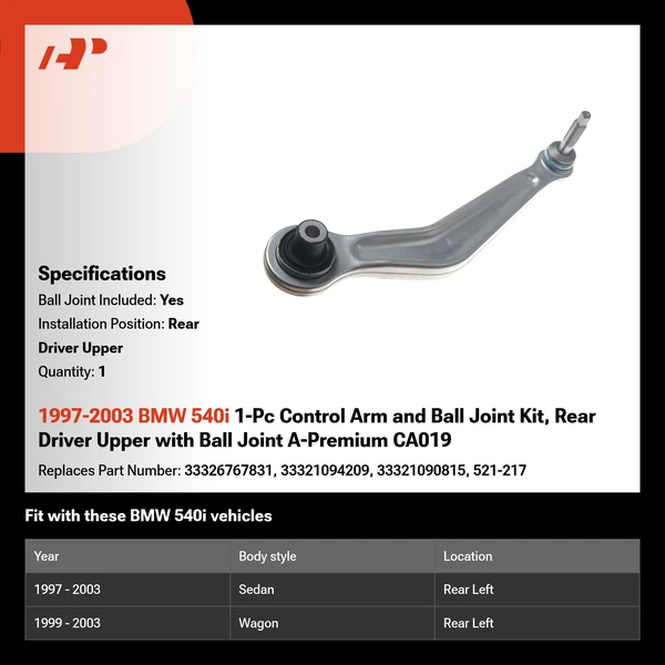 1997-2003 BMW 540i 1-Pc Control Arm and Ball Joint Kit, Rear Driver Upper with Ball Joint A-Premium CA019