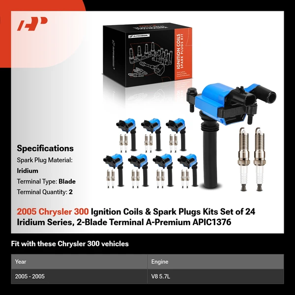 2005 Chrysler 300 Ignition Coils & Spark Plugs Kits Set of 24 Iridium Series, 2-Blade Terminal A-Premium APIC1376