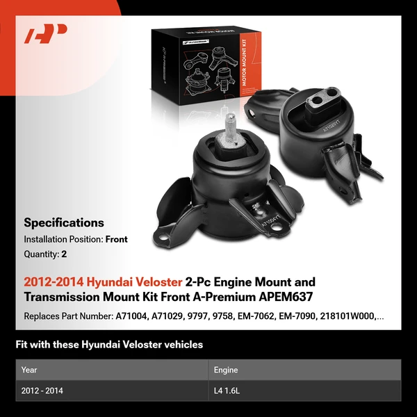 2012-2014 Hyundai Veloster 2-Pc Engine Mount and Transmission Mount Kit Front A-Premium APEM637