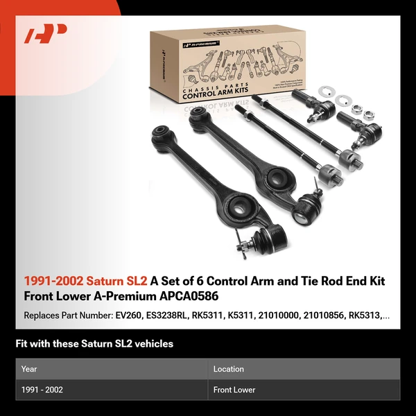 1991-2002 Saturn SL2 A Set of 6 Control Arm and Tie Rod End Kit Front Lower A-Premium APCA0586