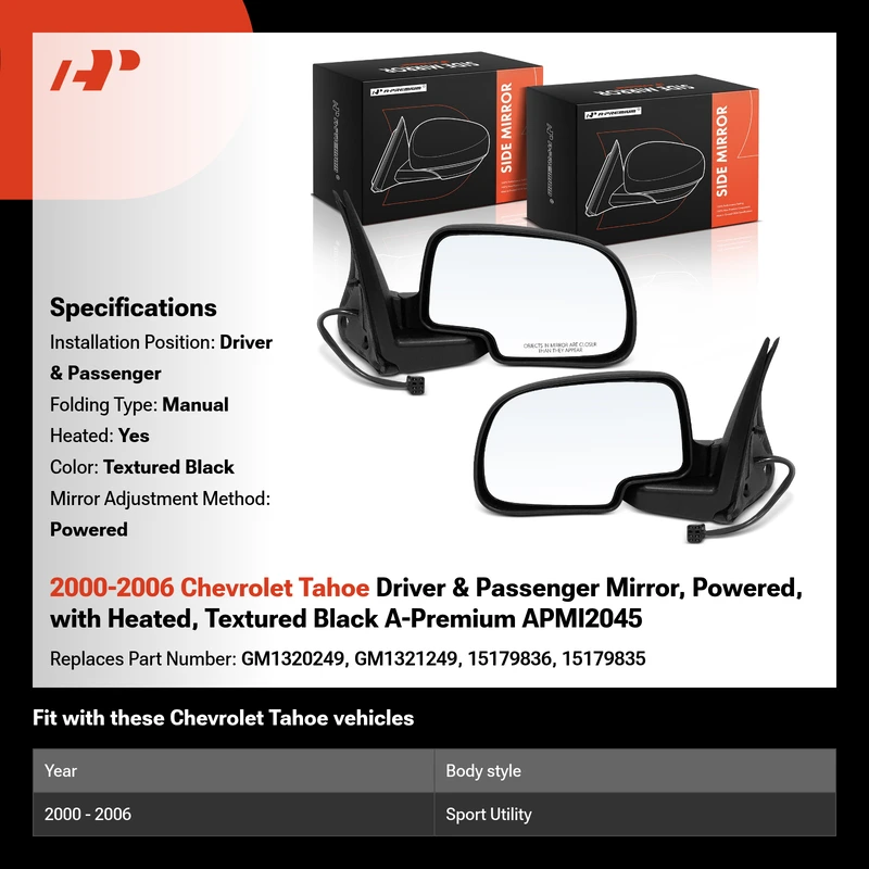 2000-2006 Chevrolet Tahoe Driver & Passenger Mirror, Powered, with Heated, Textured Black A-Premium APMI2045