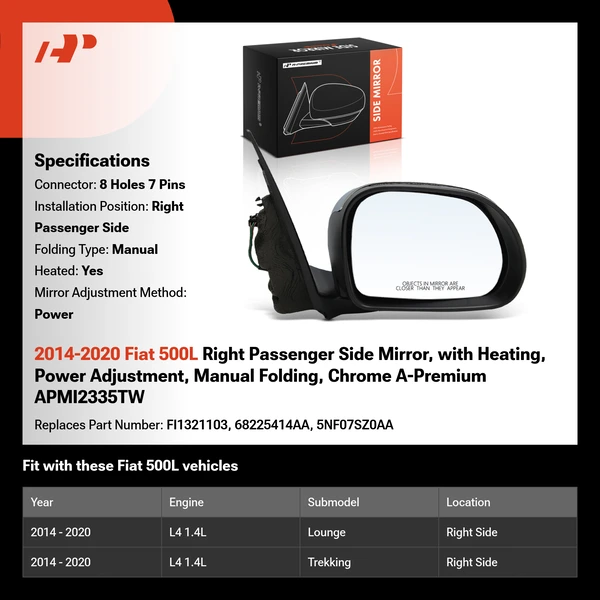 2014-2020 Fiat 500L Right Passenger Side Mirror, with Heating, Power Adjustment, Manual Folding, Chrome A-Premium APMI2335TW