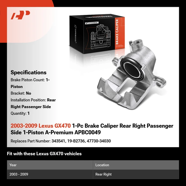 2003-2009 Lexus GX470 1-Pc Brake Caliper Rear Right Passenger Side 1-Piston A-Premium APBC0049