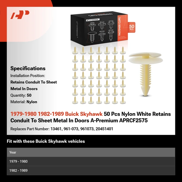 1979-1980 1982-1989 Buick Skyhawk 50 Pcs Nylon White Retains Conduit To Sheet Metal In Doors A-Premium APRCF2575