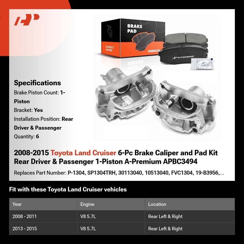 2008-2015 Toyota Land Cruiser 6-Pc Brake Caliper and Pad Kit Rear Driver & Passenger 1-Piston A-Premium APBC3494