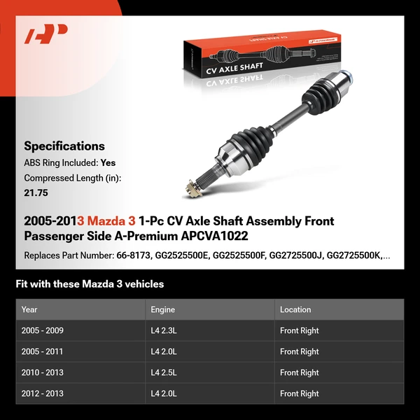 2005-2013 Mazda 3 1-Pc CV Axle Shaft Assembly Front Passenger Side A-Premium APCVA1022