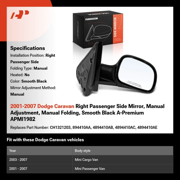 2001-2007 Dodge Caravan Right Passenger Side Mirror, Manual Adjustment, Manual Folding, Smooth Black A-Premium APMI1982