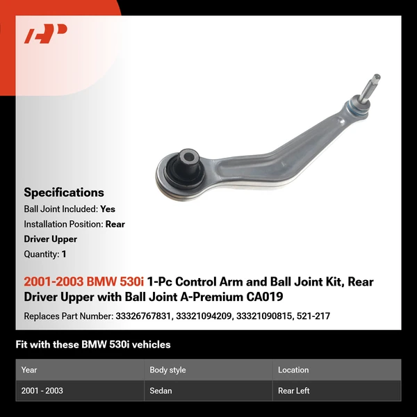 2001-2003 BMW 530i 1-Pc Control Arm and Ball Joint Kit, Rear Driver Upper with Ball Joint A-Premium CA019
