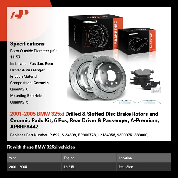 2001-2005 BMW 325xi Drilled & Slotted Disc Brake Rotors and Ceramic Pads Kit, 6 Pcs, Rear Driver & Passenger, A-Premium, APBRPS442