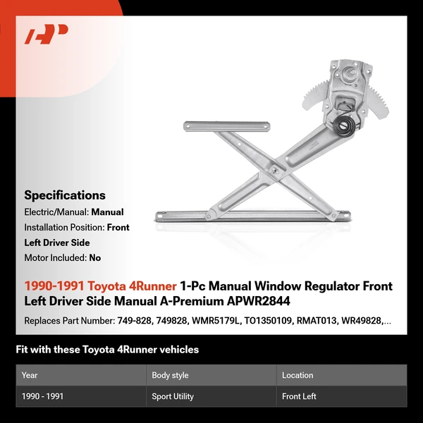 1990-1991 Toyota 4Runner 1-Pc Manual Window Regulator Front Left Driver Side Manual A-Premium APWR2844